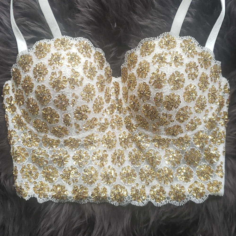 Rare Limited Edition Bebe Metallic Gold Adriana Crystal Beaded Lace Bustier Bra